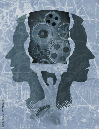 Schizophrenia psychiatric examination concept. 
Stylized Male head silhouettes and male silhouette ripping blue paper background with gear.
 photo