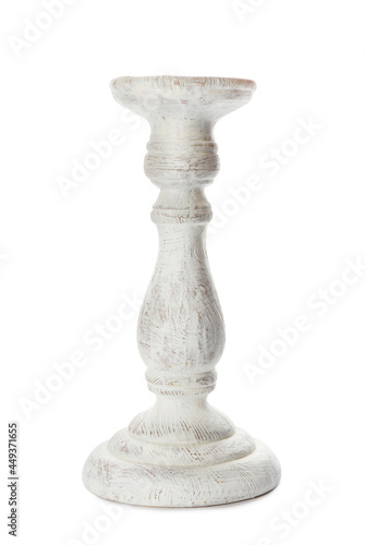 One stylish wooden candlestick isolated on white