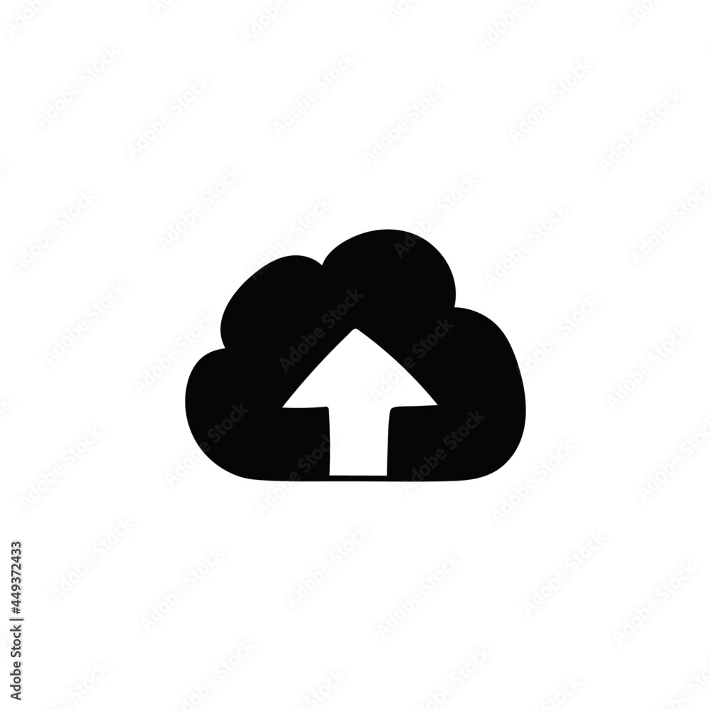 Upload data, on cloud icon in solid black flat shape glyph icon, isolated on white background Upload data, on cloud icon in solid black flat shape glyph icon, isolated on white background