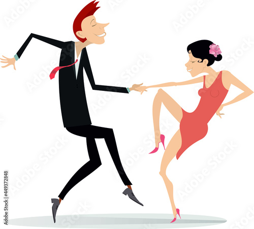 Dancing young couple illustration. Romantic dancing man and woman isolated on white 