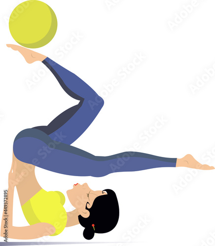 Young woman does exercises with a ball illustration. Young woman with lithe figure doing sport exercise with a ball isolated on white