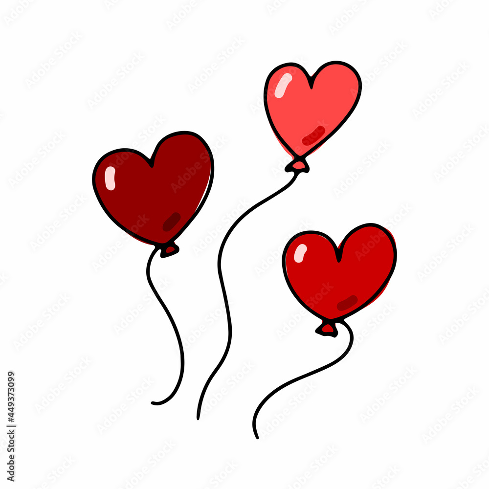 Doodle balloons in the shape of hearts. Outline red festive decoration isolated on white background. The symbol of the holiday, gift, party, Valentines Day, Birthday, Wedding. Vector line illustration