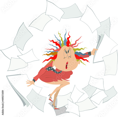 Puzzled young woman and tornado of papers. Confused woman with papers in both hands surrounded by whirl of documents and papers isolated on white 