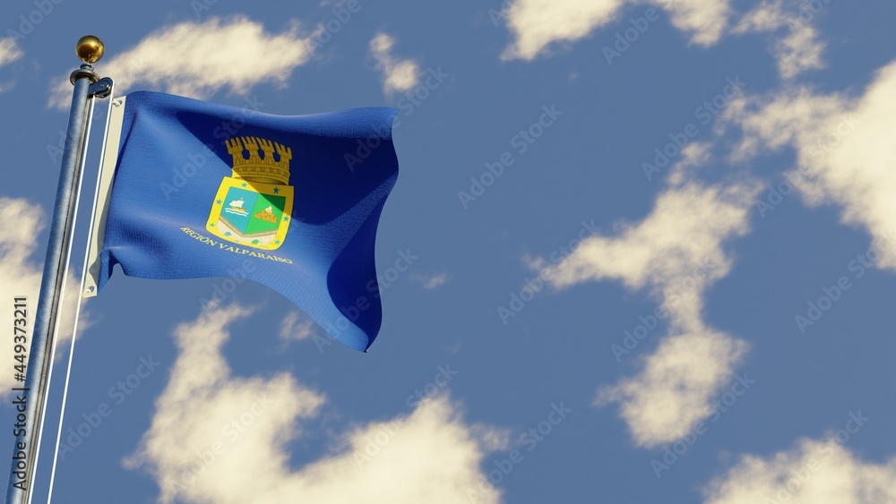 Valparaiso 3D rendered realistic waving flag illustration on Flagpole. Isolated on sky background with space on the right side.