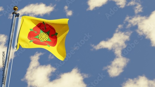 Lancashire 3D rendered realistic waving flag illustration on Flagpole. Isolated on sky background with space on the right side.
