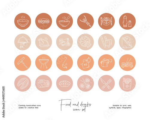 Set of hand drawn line art vector food and drinks  illustrations. Vector line icons set for social media story highlight.