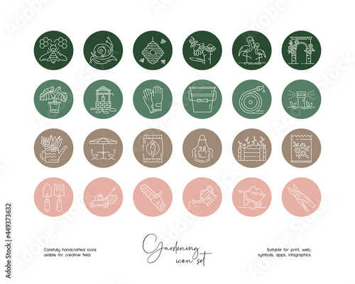 Set of hand drawn line art vector gardening illustrations. Vector line icons set for social media story highlight.