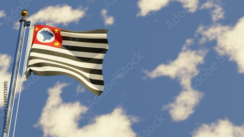 Sao Paulo 3D rendered realistic waving flag illustration on Flagpole. Isolated on sky background with space on the right side.