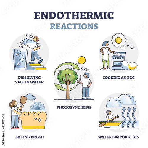 Endothermic reactions list with external energy outline collection set. Educational labeled examples with physical phenomena process vector illustration. Increased enthalpy and thermal absorption. photo
