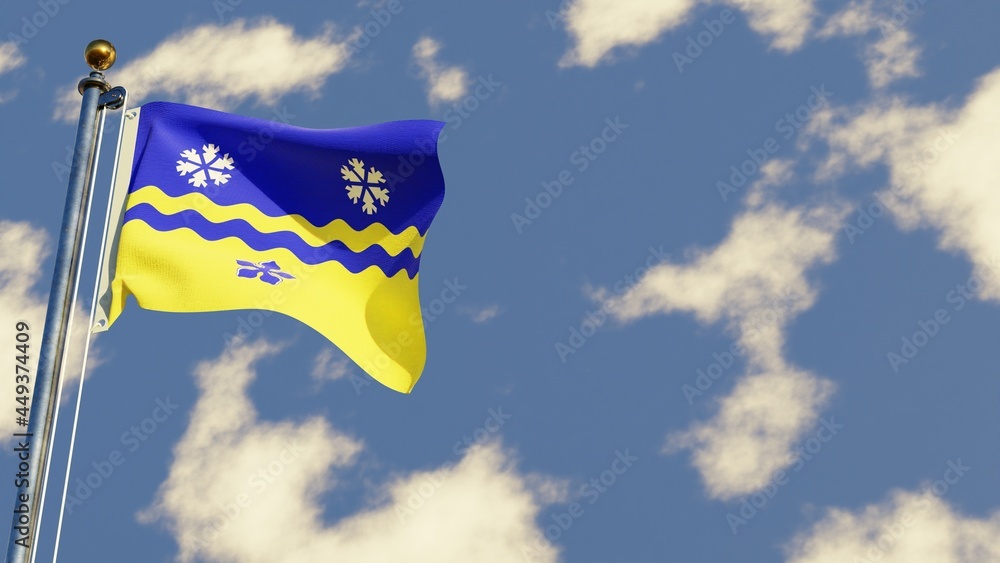 Prince George British Columbia 3D rendered realistic waving flag illustration on Flagpole. Isolated on sky background with space on the right side.