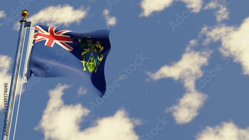 Pitcairn Islands 3D rendered realistic waving flag illustration on Flagpole. Isolated on sky background with space on the right side.