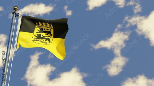 Baden-Wuerttemberg 3D rendered realistic waving flag illustration on Flagpole. Isolated on sky background with space on the right side.