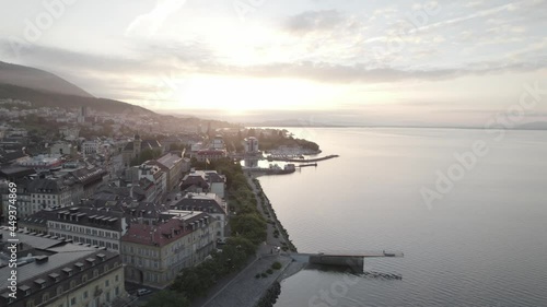 Neuchatel, Switzerland aerial drone footage at sunrise (log) photo