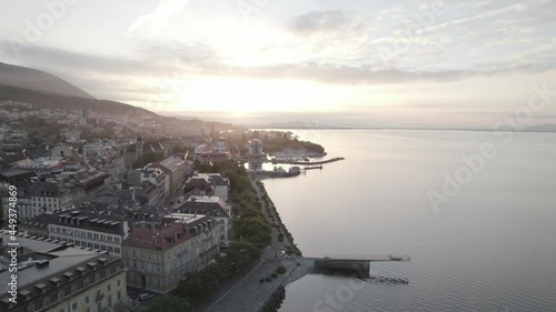 Neuchatel, Switzerland aerial drone footage at sunrise (log)