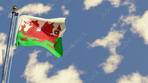 Wales 3D rendered realistic waving flag illustration on Flagpole. Isolated on sky background with space on the right side.