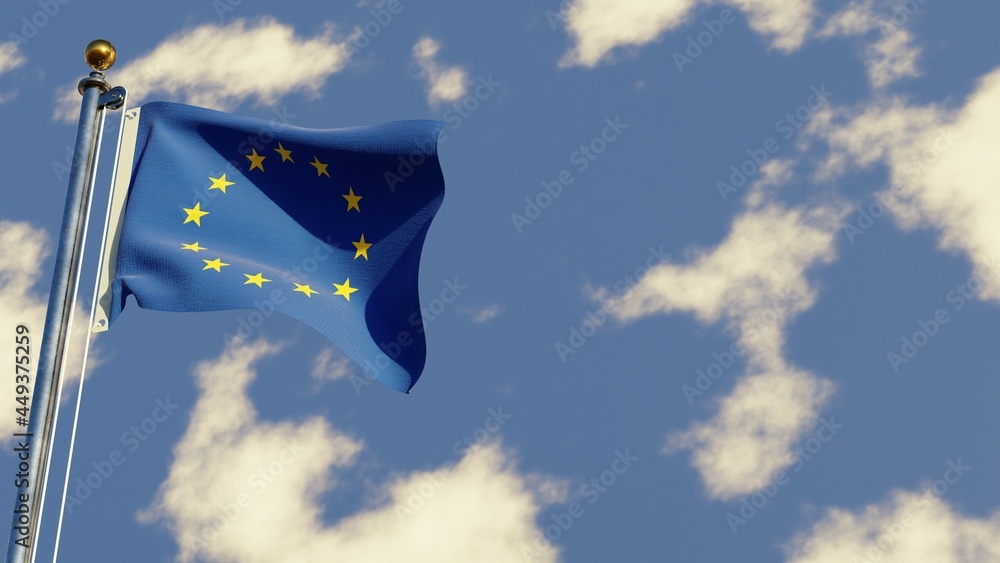 European Union 3D rendered realistic waving flag illustration on Flagpole. Isolated on sky background with space on the right side.