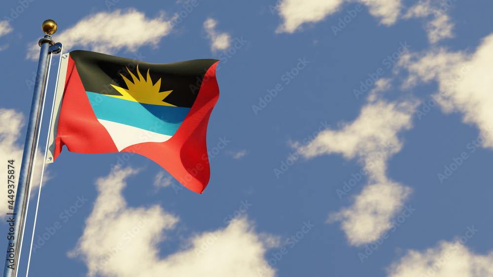 Antigua And Barbuda 3D rendered realistic waving flag illustration on Flagpole. Isolated on sky background with space on the right side. Antigua And Barbuda 3D rendered realistic waving flag illustration on Flagpole. Isolated on sky background with space on the right side.