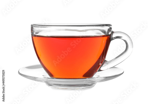 Glass cup of aromatic rooibos tea isolated on white