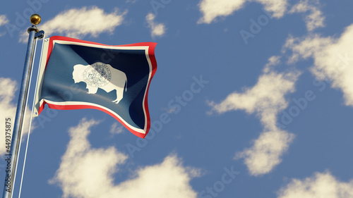 Wyoming 3D rendered realistic waving flag illustration on Flagpole. Isolated on sky background with space on the right side.