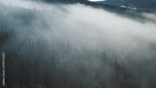 Natural amazing shot of mountain scenery. Range of spectacular large mountains covered by thick fog. Beautiful weather. Spring seasonn. Aerial flight. photo