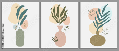 Abstract botanical wall decoration poster set. Collection of three minimalist floral collage with tropical palm branch in vase with random organic shape and hand drawn doodle lines. Contemporary art