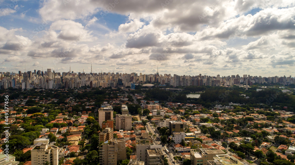 Aerial view of Sao Paulo city. Prevervetion area with trees and green area of Ibirapuera park in Sao Paulo city, Brazil