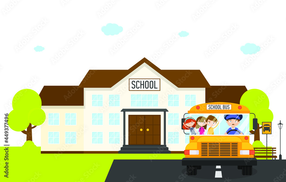 School landscape with school bus and kids isolated on the white background, vector illustration
