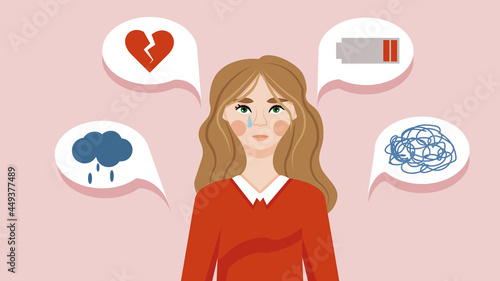 Mental health diseases. Young woman stands and cries because of the symptoms of depression. Anxiety, crisis, exhaustion, overworked, tired. Cartoon flat vector illustration on pink background