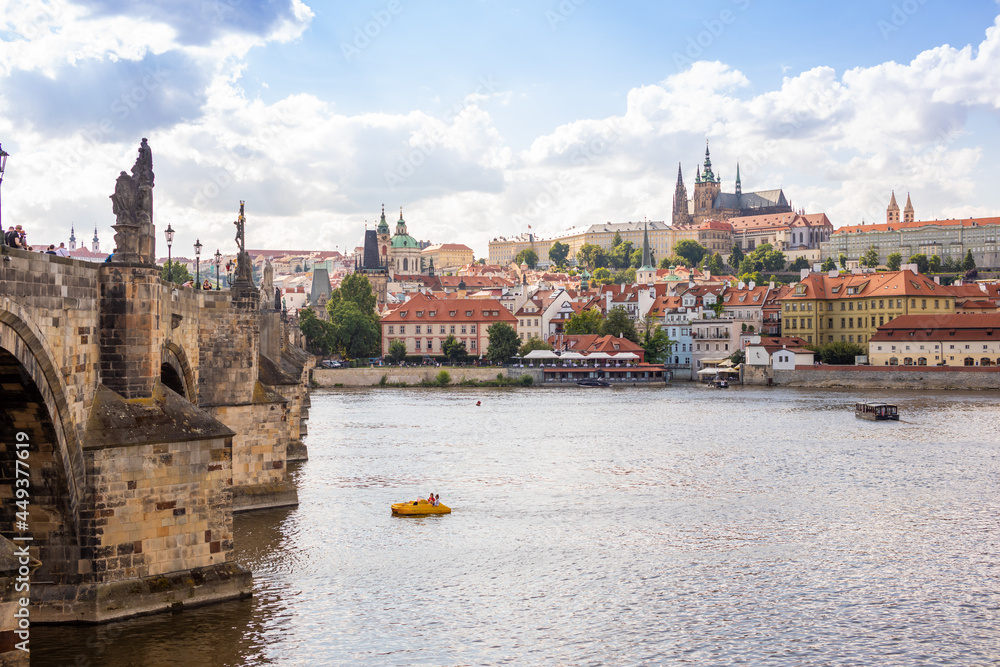 View of colorful old town and Prague castle with river Vltava, Czech Republic View of colorful old town and Prague castle with river Vltava, Czech Republic