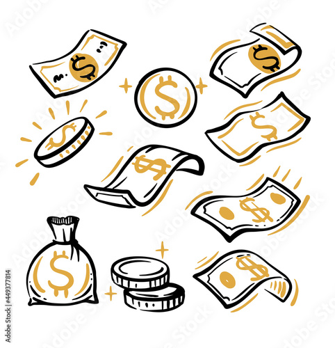 Hand Drawn vector doodle dollar Banknotes and Coins.