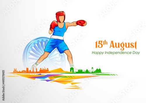 Indian sportsperson Welterweight Boxing in women category victory in championship on tricolor India background