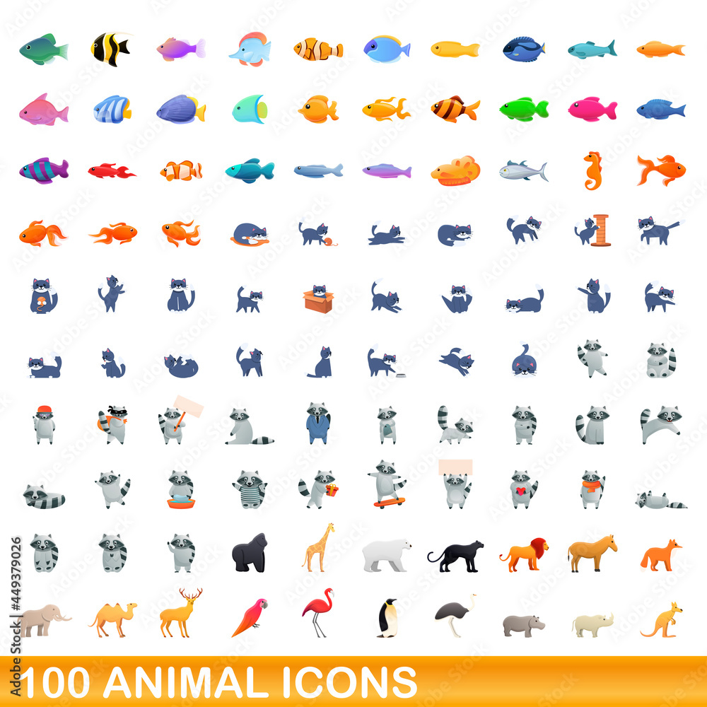 100 animal icons set. Cartoon illustration of 100 animal icons vector set isolated on white background