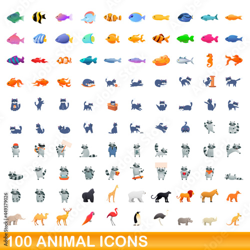 100 animal icons set. Cartoon illustration of 100 animal icons vector set isolated on white background © nsit0108