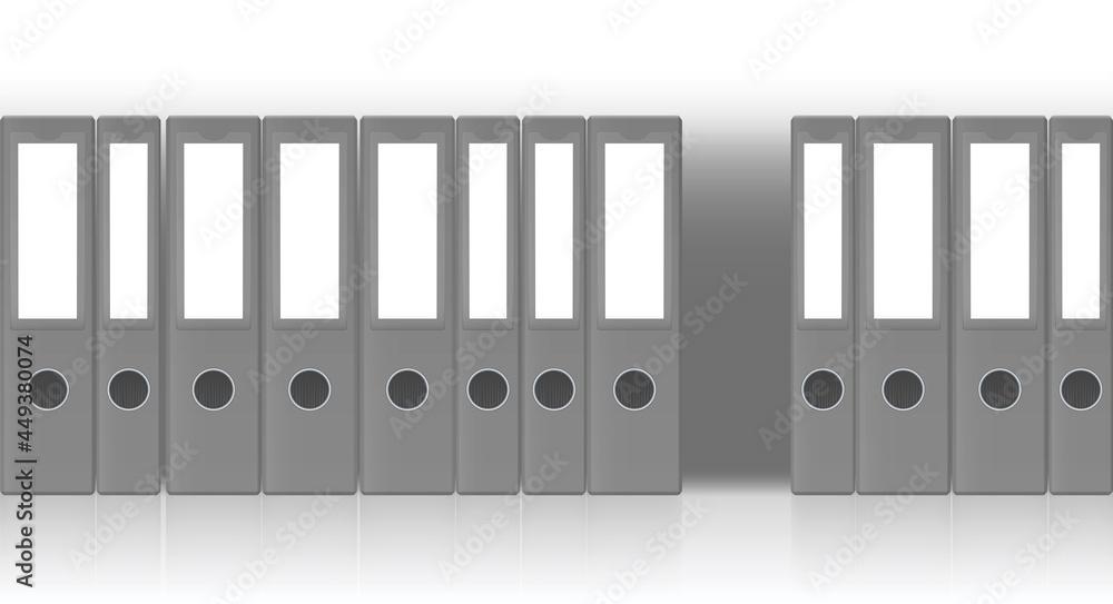 Gray ring binders, one is missing. Tick and thin file folder set, unlabeled seamlessly expandable row. Vector illustration.
Gray ring binders, one is missing. Tick and thin file folder set, unlabeled seamlessly expandable row. Vector illustration.