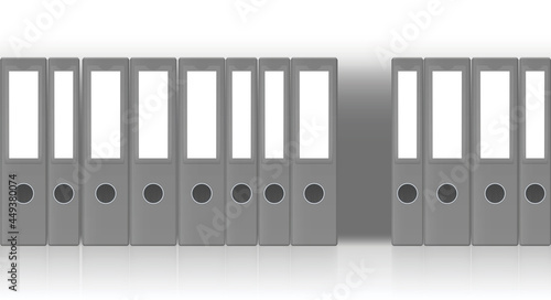 Gray ring binders, one is missing. Tick and thin file folder set, unlabeled seamlessly expandable row. Vector illustration.
