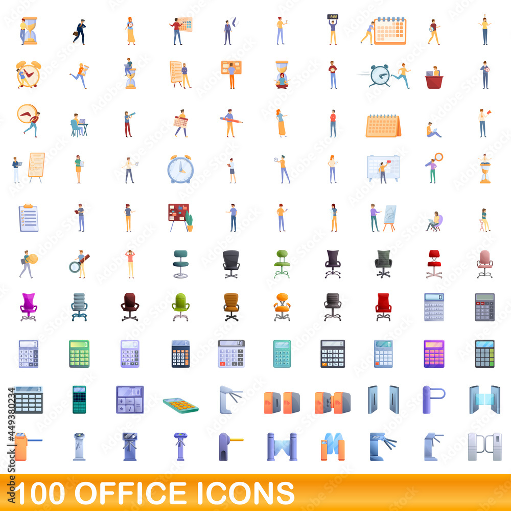 Fototapeta premium 100 office icons set. Cartoon illustration of 100 office icons vector set isolated on white background