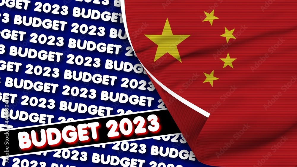 China Realistic Flag with Budget 2023 Title Fabric Texture Effect 3D Illustration China Realistic Flag with Budget 2023 Title Fabric Texture Effect 3D Illustration