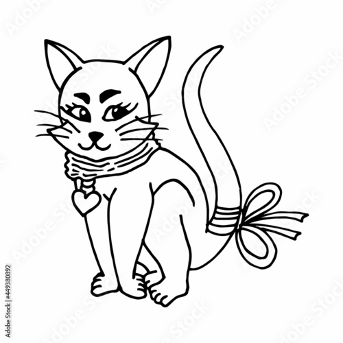 Black-and-white sly cat. Vector image. Coloring book.