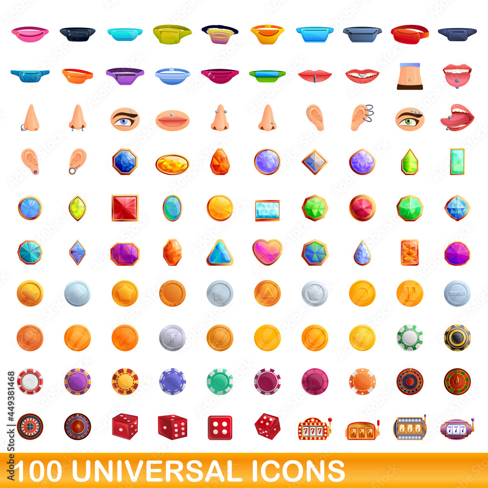 100 universal icons set. Cartoon illustration of 100 universal icons vector set isolated on white background 100 universal icons set. Cartoon illustration of 100 universal icons vector set isolated on white background