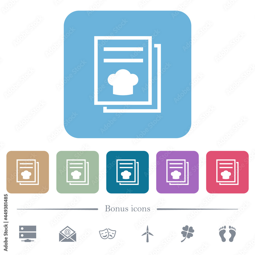 cookbook with chef hat flat icons on color rounded square backgrounds cookbook with chef hat flat icons on color rounded square backgrounds