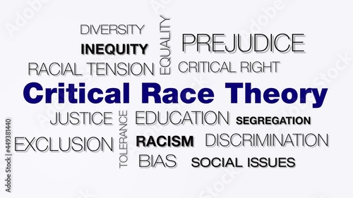 Critical Race Theory animated word cloud. Kinetic typography, showing discrimination, race, justice, diversity. photo