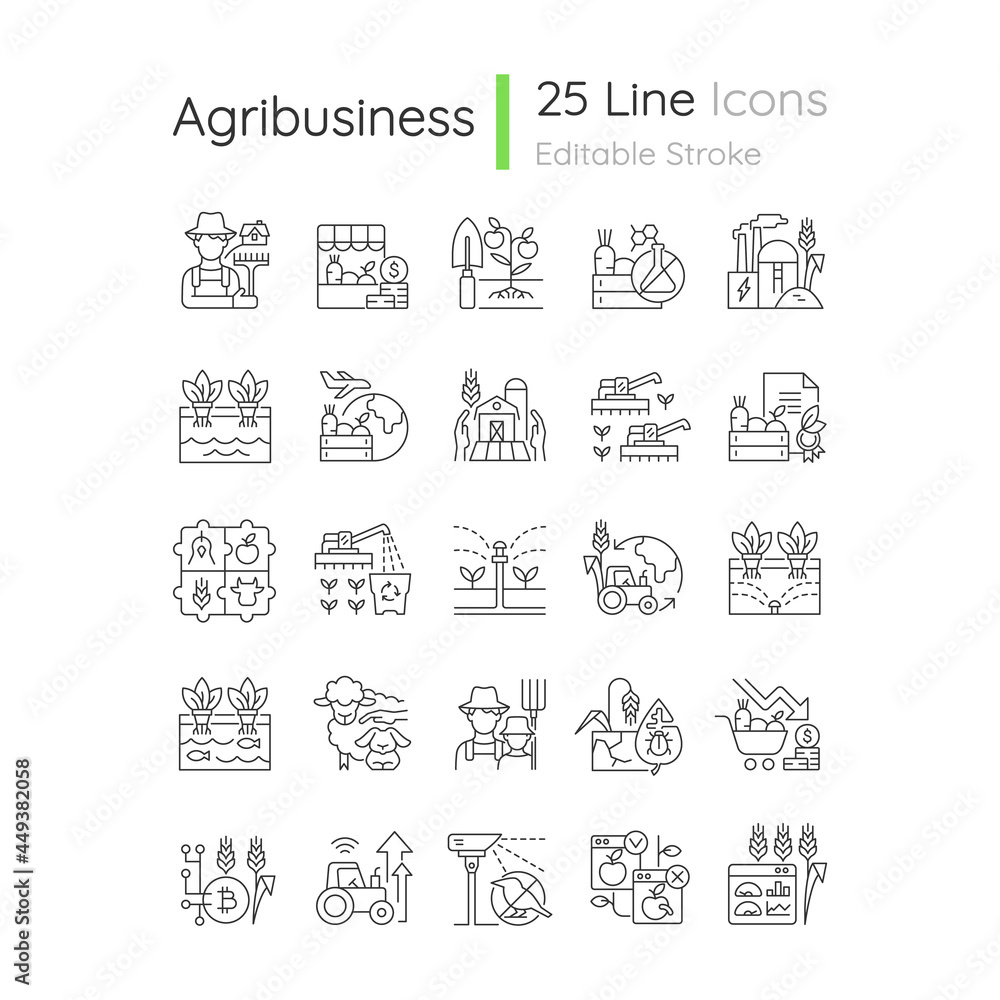 Agriculture related linear icons set. Growing vegetables and fruits. Agricultural technology in farming. Customizable thin line contour symbols. Isolated vector outline illustrations. Editable stroke Agriculture related linear icons set. Growing vegetables and fruits. Agricultural technology in farming. Customizable thin line contour symbols. Isolated vector outline illustrations. Editable stroke