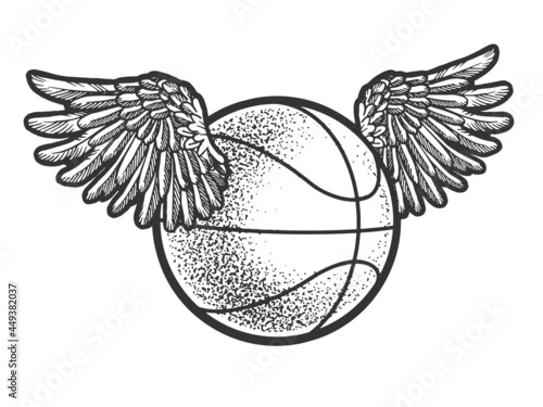 Basketball ball with wings sketch engraving vector illustration. T-shirt apparel print design. Scratch board imitation. Black and white hand drawn image.