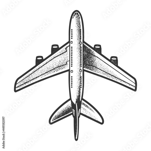 passenger plane top view sketch engraving vector illustration. T-shirt apparel print design. Scratch board imitation. Black and white hand drawn image.