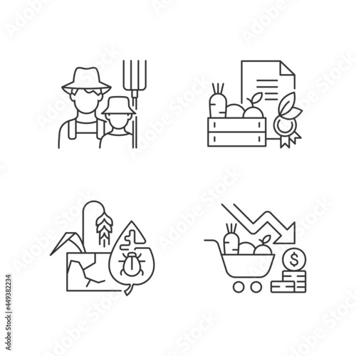 Agribusiness linear icons set. Farm business risks and failures. Certified organic goods. Family farming. Customizable thin line contour symbols. Isolated vector outline illustrations. Editable stroke