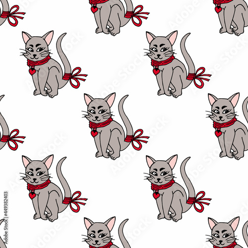 Seamless pattern with gray sly cat with a red bow on the tail. Vector image. Coloring book.