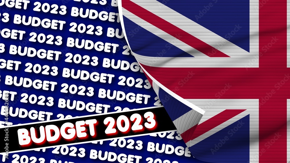 United Kingdom Realistic Flag with Budget 2023 Title Fabric Texture Effect 3D Illustration United Kingdom Realistic Flag with Budget 2023 Title Fabric Texture Effect 3D Illustration