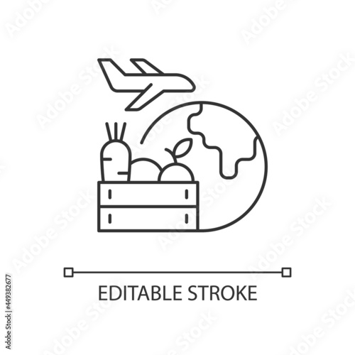 Agricultural products export linear icon. Agricultural goods delivering. Global market sales. Thin line customizable illustration. Contour symbol. Vector isolated outline drawing. Editable stroke