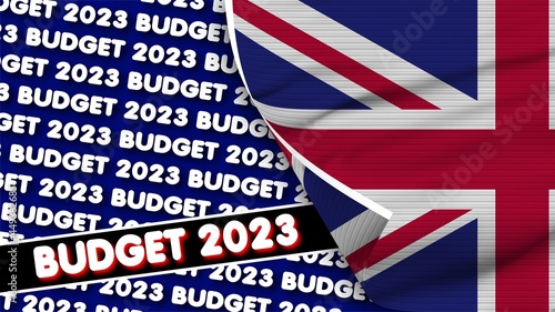 United Kingdom Realistic Flag with Budget 2023 Title Fabric Texture Effect 3D Illustration