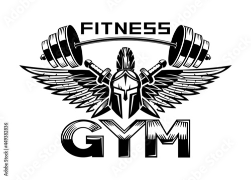 Illustration for a gym with a spartan helmet with wings and a barbell on a white background.
